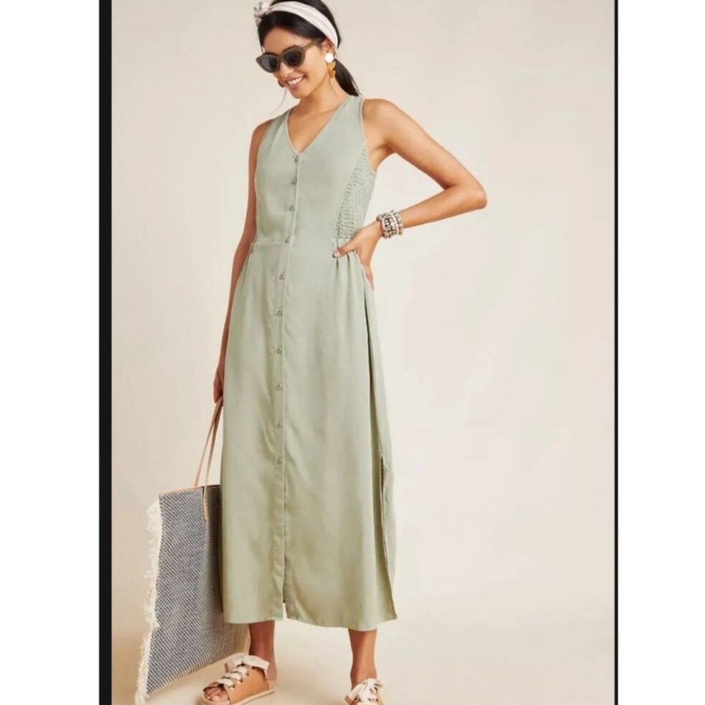 🍵 Anthropologie Cloth & Stone Matcha Green Maxi Dress with Stretch Waistband